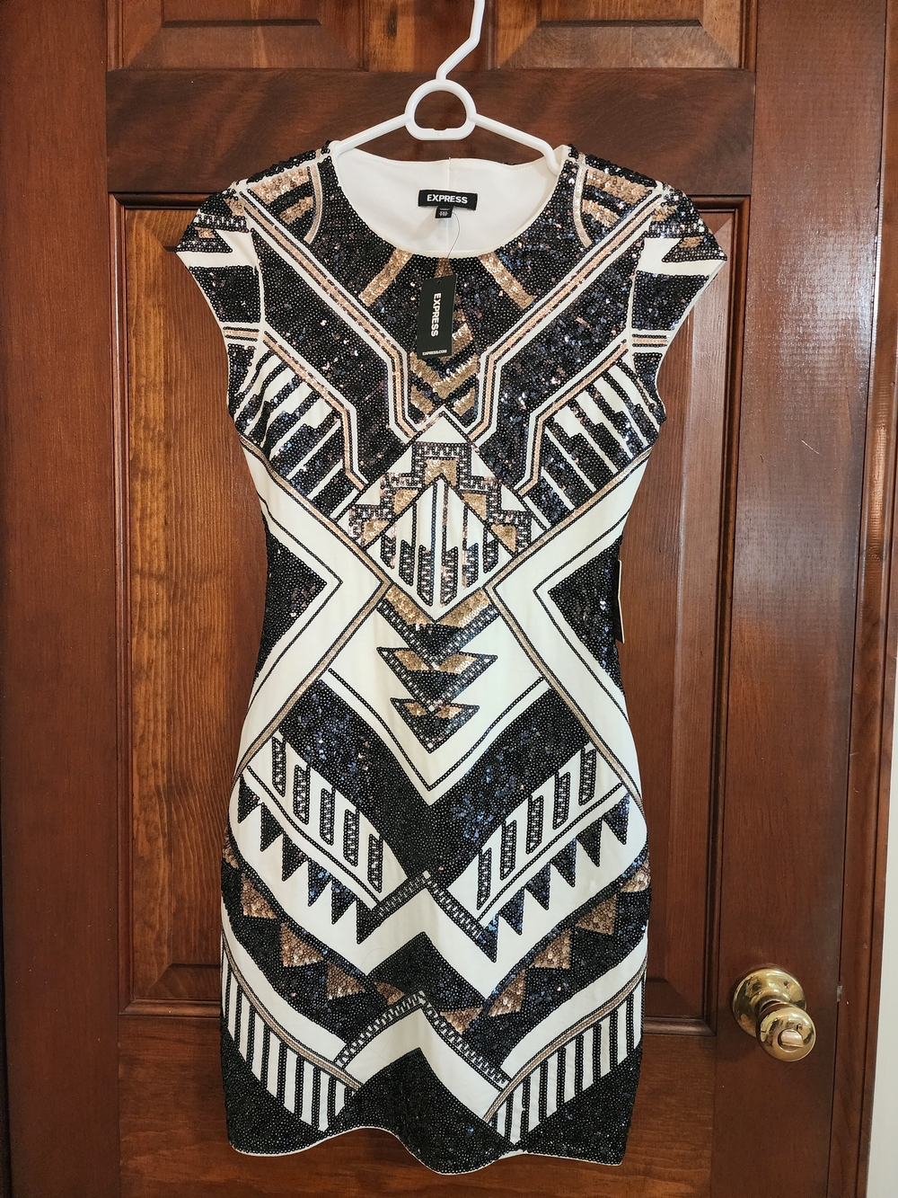Express Black, White & Gold Sequin Mini Dress (Size XXS)